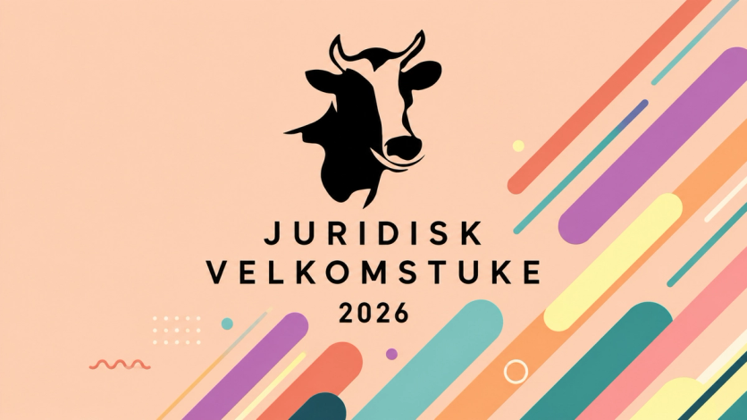 Grafisk plakat for Juridisk velkomstuke 2026 med en svart ku-silhuett øverst og fargerike, diagonale striper og former på lys ferskenfarget bakgrunn.