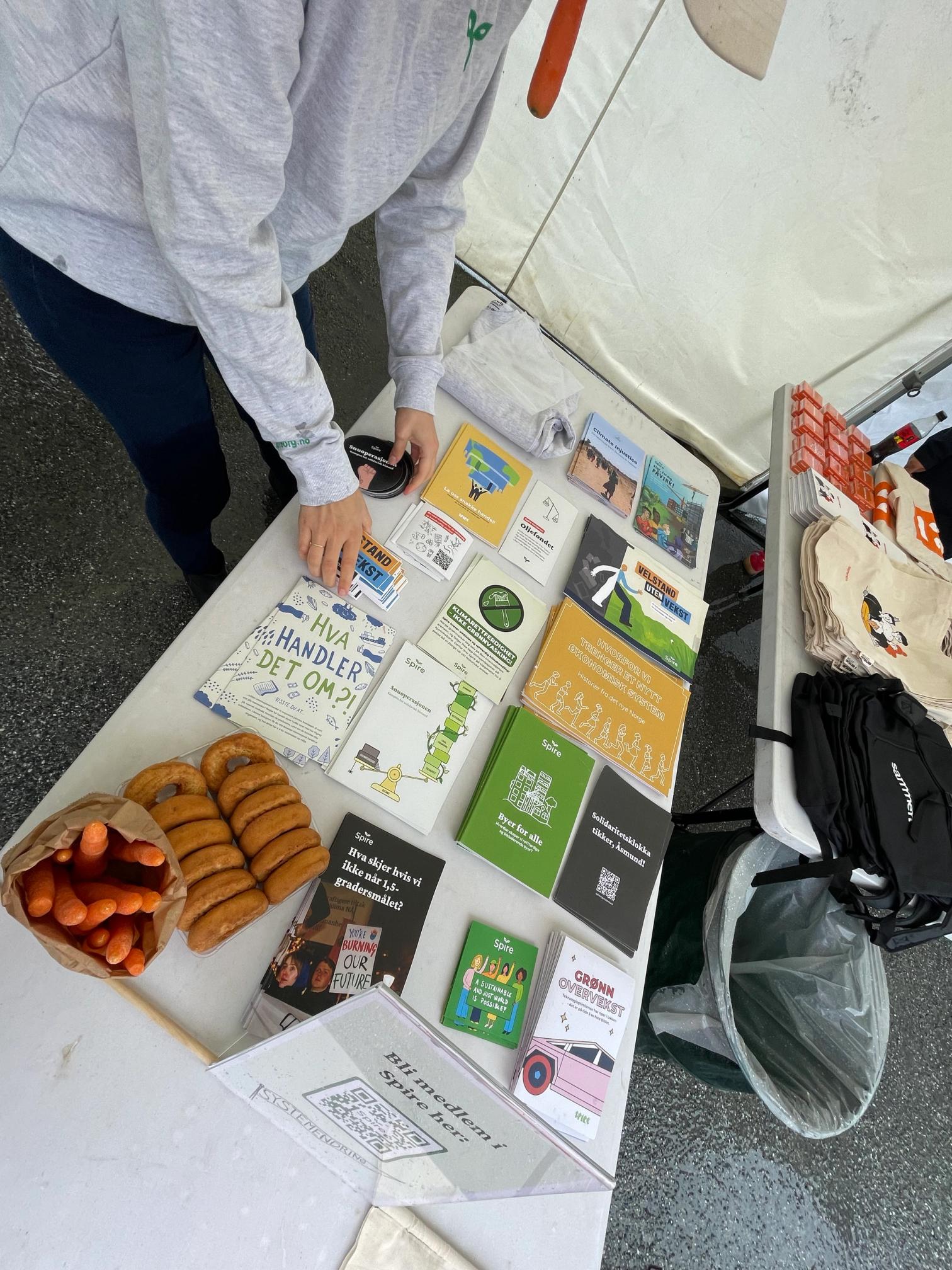 En person med grå hettegenser står bak et bord på en stand, der det ligger brosjyrer, bøker, klistremerker, bærenett og en skål med gulrøtter og bakverk pent utstilt.