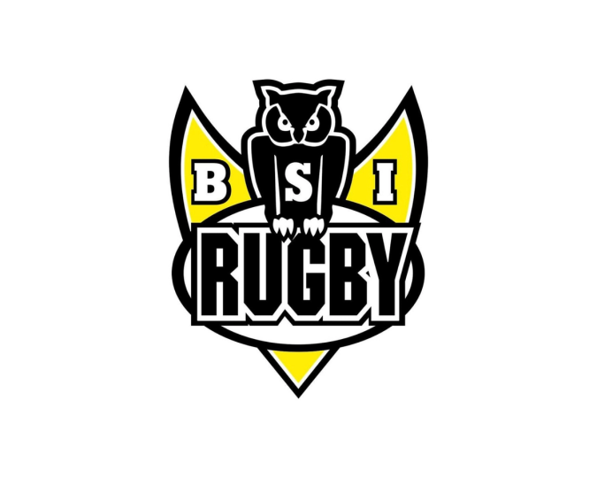 Logo for BSI Rugby med en stilisert svart ugle på toppen og store bokstaver som staver «BSI RUGBY» over en gul og hvit skjoldform.