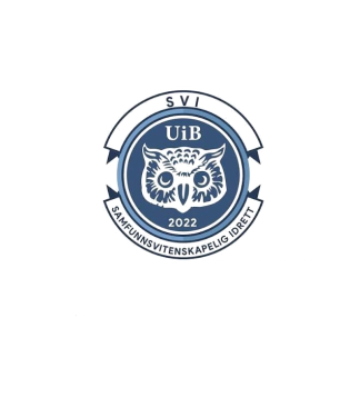 Rundt blått og hvitt emblem med en ugle i midten, teksten «UiB» over uglen og «SAMFUNNSVITENSKAPELIG IDRETT» samt årstallet 2022 rundt kanten.