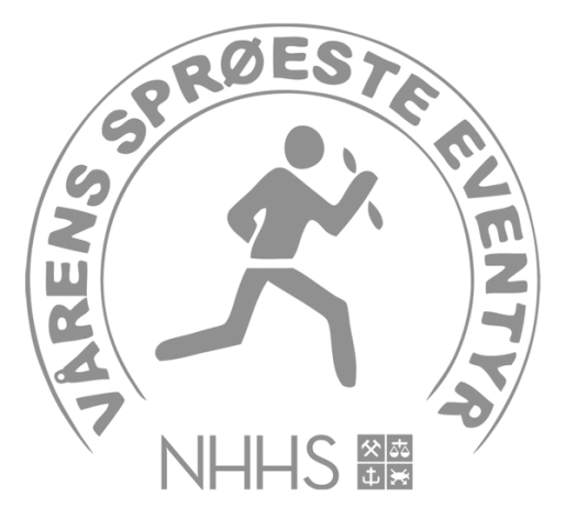 Logo for arrangementet «Vårens Sprøeste Eventyr» med en stilisert løpende figur i midten og teksten «NHHS» med symboler under.