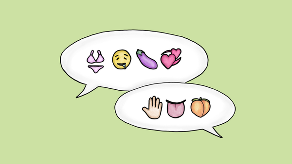 Illustrasjon av to snakkebobler med seksuelt ladede emojier, blant annet undertøy, et siklende ansikt, en aubergine, hjerter, en hånd, en tunge og en fersken.