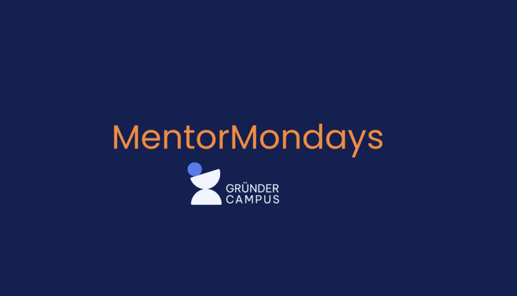 Mørkeblå grafikk med teksten «MentorMondays» i oransje og Gründer Campus-logoen i hvitt og blått under.