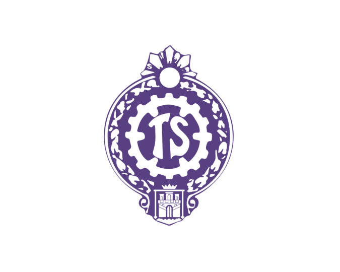 Lilla emblem med bokstavene «TS» i midten, omgitt av et tannhjul og en dekorativ ramme med et lite skjold nederst.