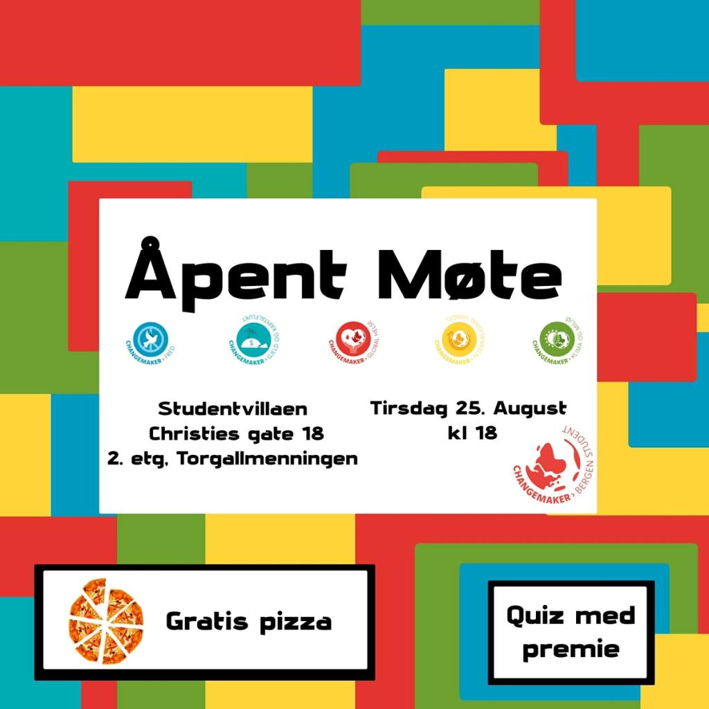Fargerik plakat for et åpent møte i Studentvillaen i Christies gate 18, tirsdag 25. august kl. 18, med informasjon om gratis pizza og quiz med premie.