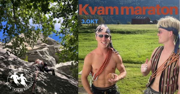 Delt bilde med fjellklatrere i en bratt fjellvegg til venstre og to utkledde menn på en grønn eng til høyre. Teksten «Kvam maraton 3. OKT» står øverst.