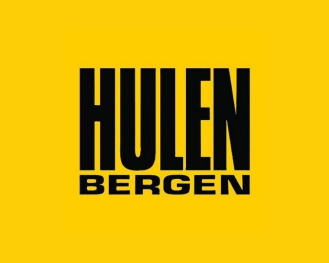 Gul logo med stor svart tekst «HULEN» øverst og «BERGEN» i litt mindre, fete bokstaver under.