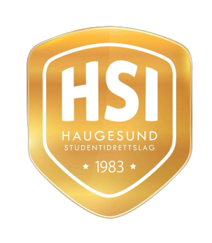 Gullfarget skjoldlogo med store hvite bokstaver «HSI» og teksten «Haugesund Studentidrettslag 1983» under.