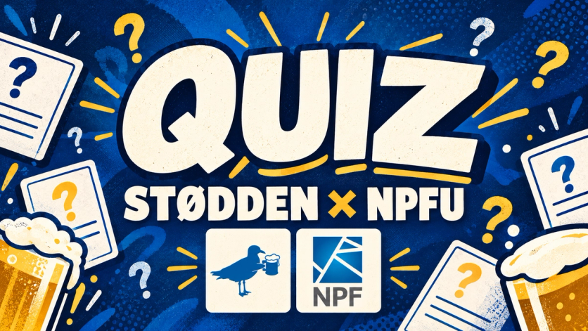 Illustrasjon med teksten «QUIZ – STØDDEN × NPFU» på blå bakgrunn, omgitt av spørsmålstegn, quizark, ølglass og logoene til Stødden og NPF.