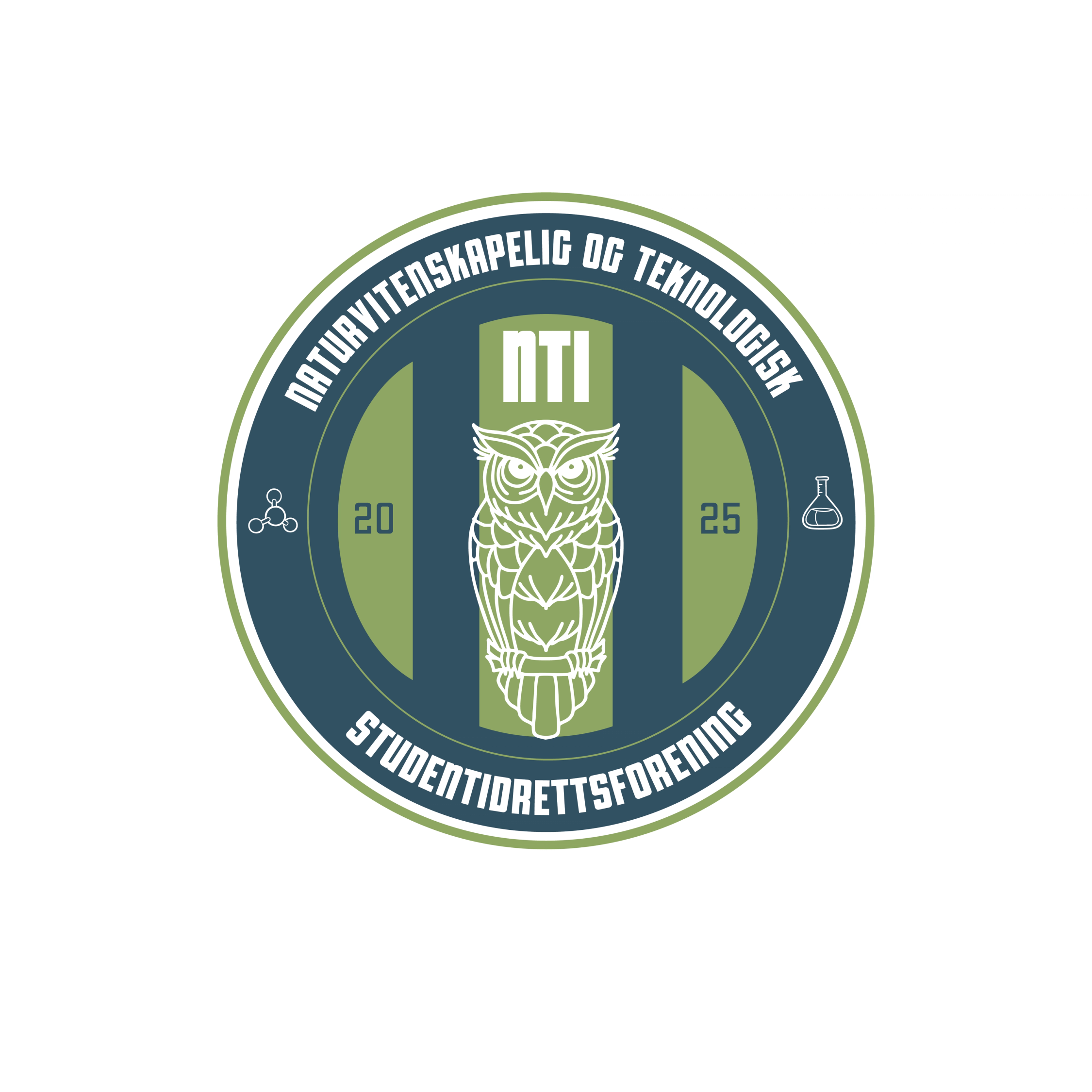 Rund logo for Naturvitenskapelig og Teknologisk Studentidrettsforening (NTI) med en stilisert ugle i midten, årstallet 2025 og ikoner for molekylstruktur og laboratoriekolbe på sidene.