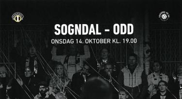 Svart-hvitt kampanjebilde med Sogndal-supportere på tribunen og teksten «Sogndal – Odd, onsdag 14. oktober kl. 19.00» og «Gratis for studentar».