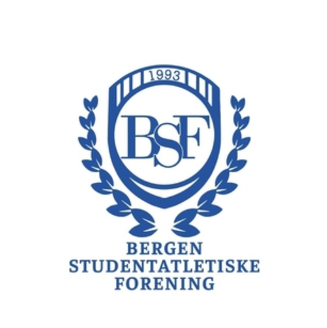 Blå logo for Bergen Studentatletiske Forening med initialene «BSF», årstallet 1993 og en laurbærkrans.