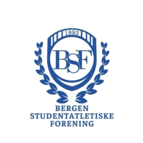 Blå logo for Bergen Studentatletiske Forening med initialene «BSF», årstallet 1993 og en laurbærkrans.