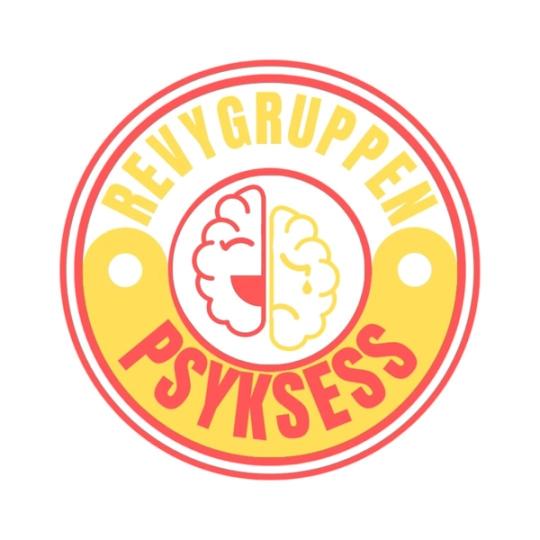 Rund logo for Revygruppen Psyksess i rødt og gult, med en stilisert hjerne i midten.