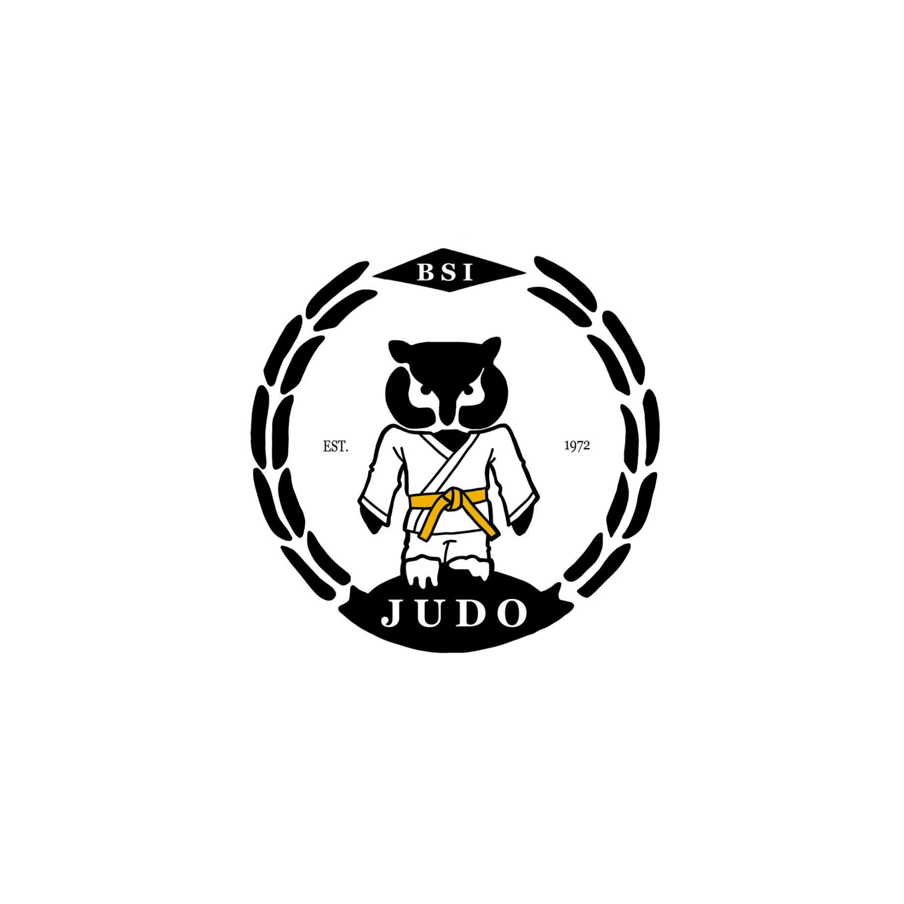 Logo for BSI Judo med en stilisert svart og hvit ugle i judodrakt med gult belte, omkranset av en laurbærkrans og teksten «BSI Judo Est. 1972».