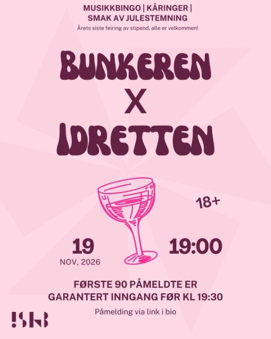Rosa arrangementsplakat for «Bunkeren x Uretten» med musikkbingo, kåringer og julestemning 19. november 2026 kl. 19.00, for personer over 18 år. De første 90 påmeldte er garantert inngang før kl. 19.30, med påmelding via lenke i bio.