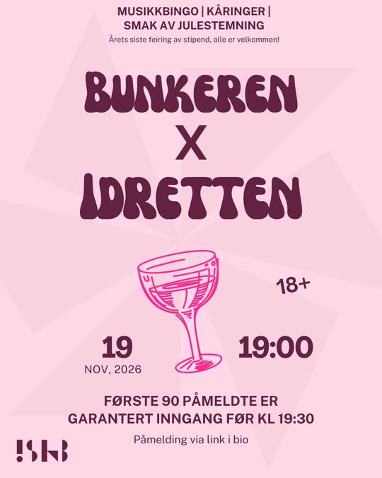 Rosa arrangementsplakat for «Bunkeren x Uretten» med musikkbingo, kåringer og julestemning 19. november 2026 kl. 19.00, for personer over 18 år. De første 90 påmeldte er garantert inngang før kl. 19.30, med påmelding via lenke i bio.