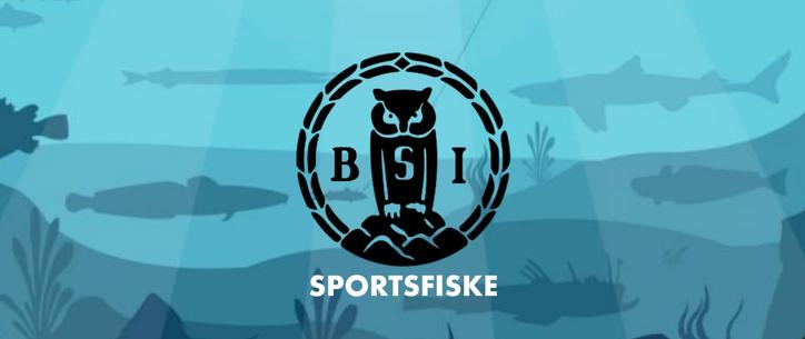 Illustrasjon av undervannslandskap med fisker i bakgrunnen og BSI-logoen med en ugle i en laurbærkrans i sentrum, med teksten «SPORTSFISKE» under.