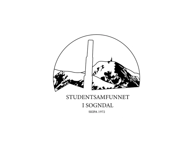 Logo for Studentsamfunnet i Sogndal med stilisert illustrasjon av fjellandskap og en høy søyle i forgrunnen, samt teksten «STUDENTSAMFUNNET I SOGNDAL – SKIPA 1972».