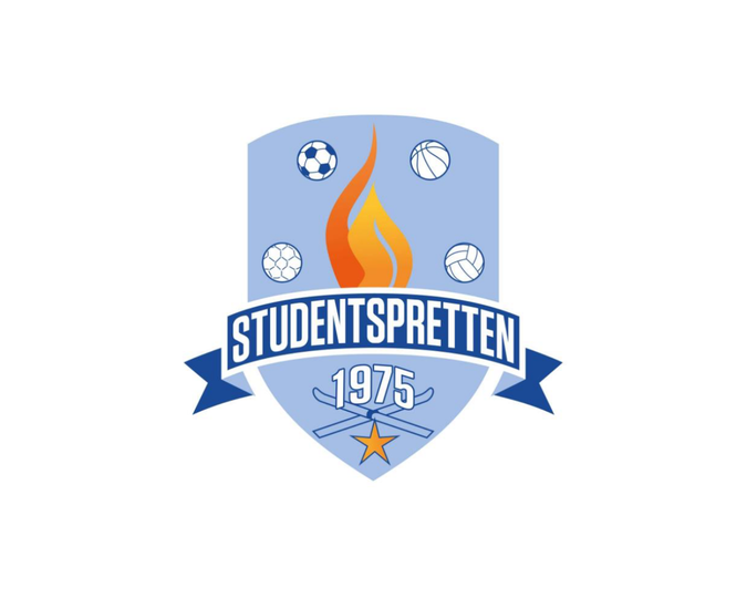 Logo for idrettslaget Studentspretten med en blå skjoldform, en oransje flamme, ulike ballidretter rundt og teksten «STUDENTSPRETTEN 1975» over en stjerne og to kryssede køller.