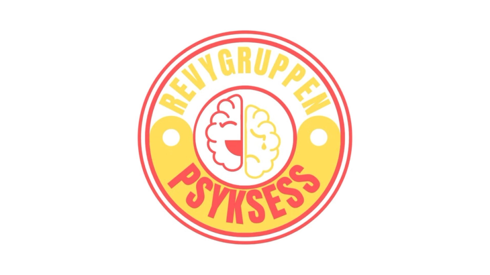 Rund logo for Revygruppen Psyksess i rødt og gult, med en stilisert hjerne i midten.
