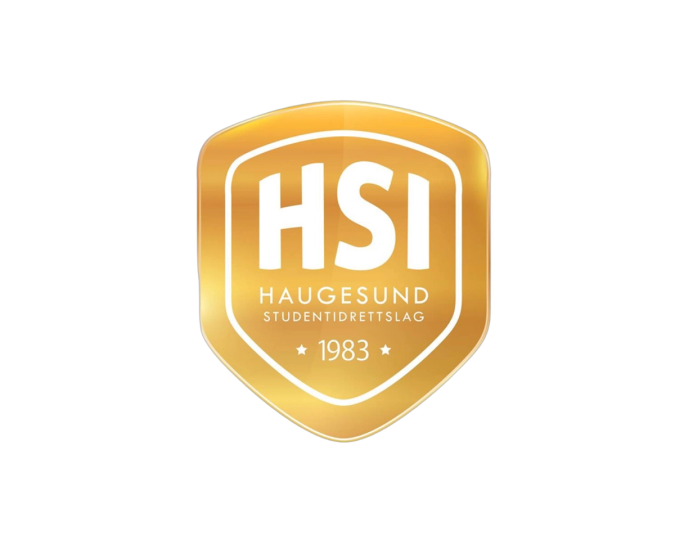 Gullfarget skjoldlogo med store hvite bokstaver «HSI» og teksten «Haugesund Studentidrettslag 1983» under.