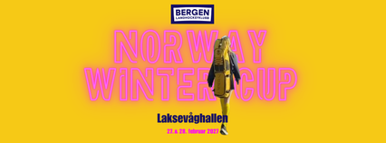 Gul plakat for Bergen Landhockeyklubbs Norway Winter Cup i Laksevåghallen 27. og 28. februar 2027, med rosa neontekst og en landhockeyspiller i midten.