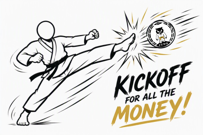 Illustrasjon av en judoutøver i hvit drakt og svart belte som utfører et kraftig spark mot en ball med BSI Judo-logoen, med teksten «Kickoff for all the money!» i store bokstaver ved siden av.