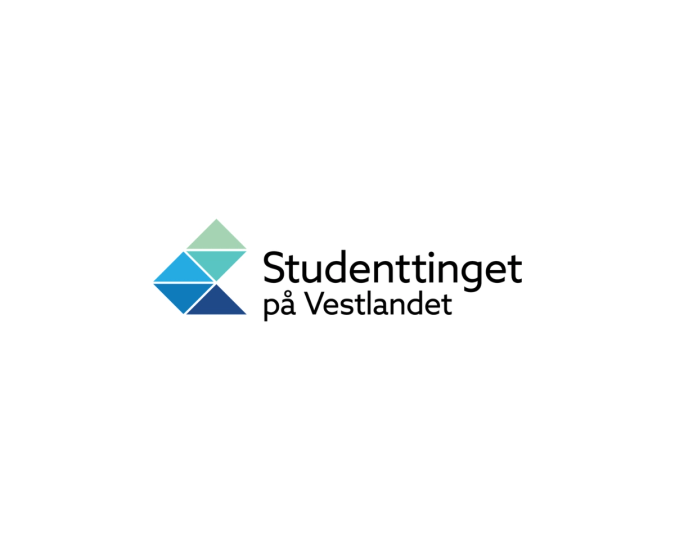 Logo for Studenttinget på Vestlandet med et geometrisk, flerfarget symbol til venstre og navnet skrevet med svart tekst til høyre.