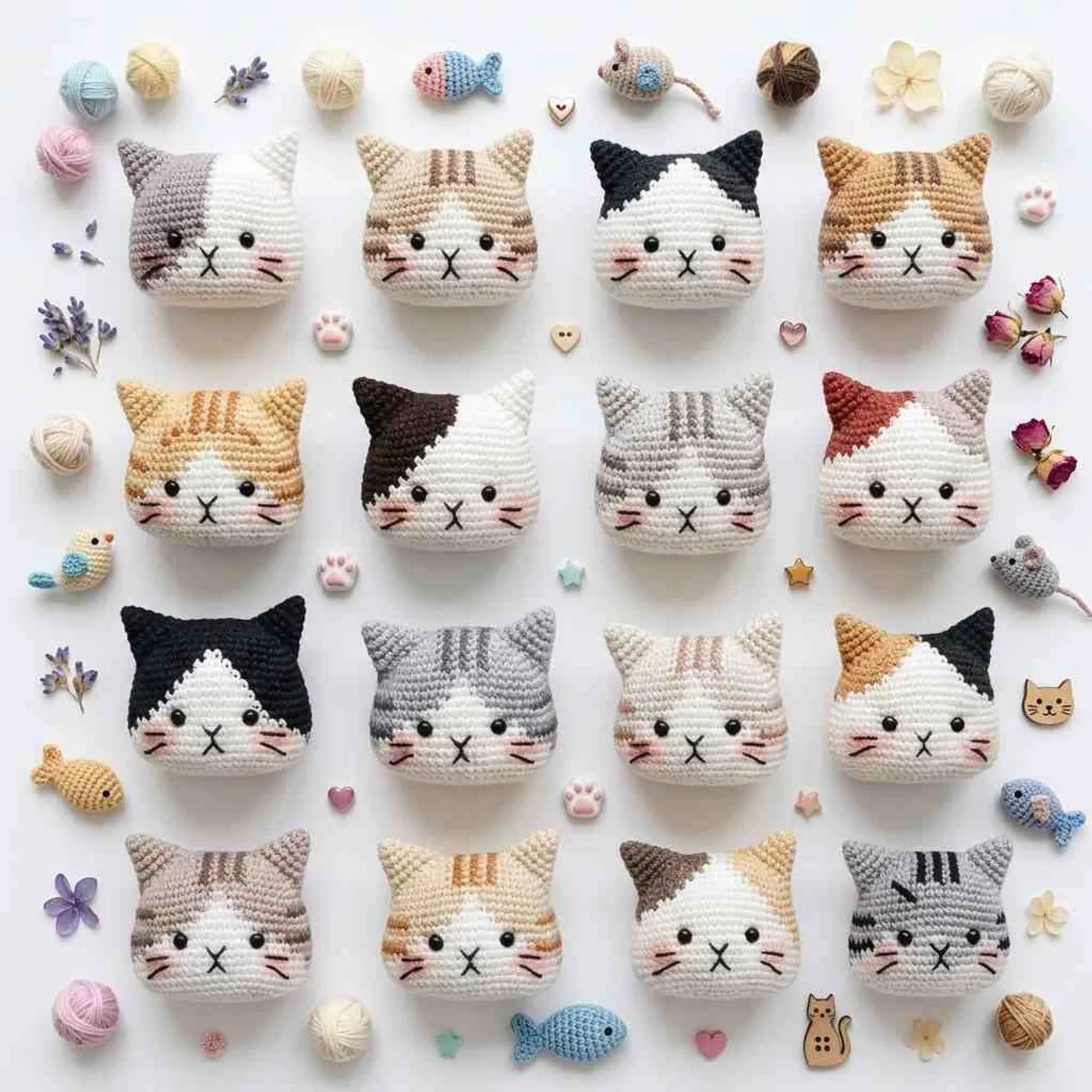 White crochet cat head with a brown patch on one side, two small pointed ears, black safety eyes, a tiny stitched nose and mouth and pink cheeks, shown in a group of cat heads in different colors.