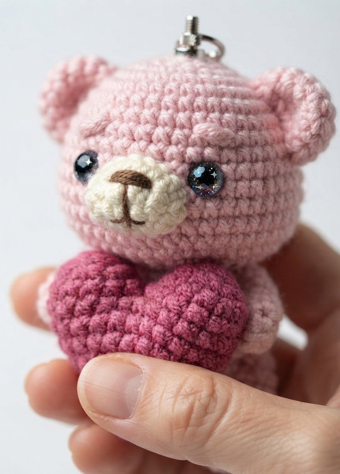 Free little pink bear crochet keychain pattern: a pink amigurumi bear with a cream muzzle and black safety eyes, hugging an electric pink crochet heart.