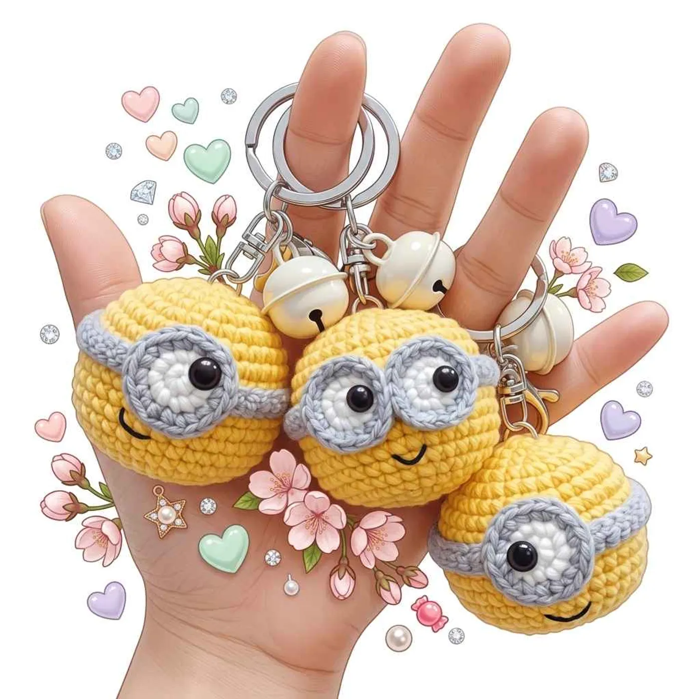 Three small yellow crochet minion keychains held in a hand, each a round yellow ball with a gray goggle band, white eyes with black pupils, a stitched smile, a metal key ring and a cream bell, in one-