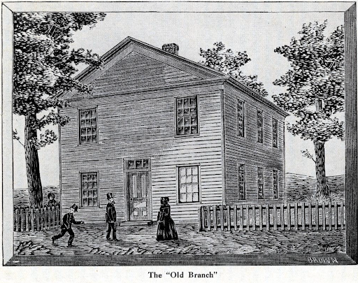 A vintage drawing of a two-story wooden house with people walking by, titled "The Old Branch."