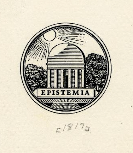 Circular emblem with a domed building labeled "Epistemia," surrounded by trees and sun rays.