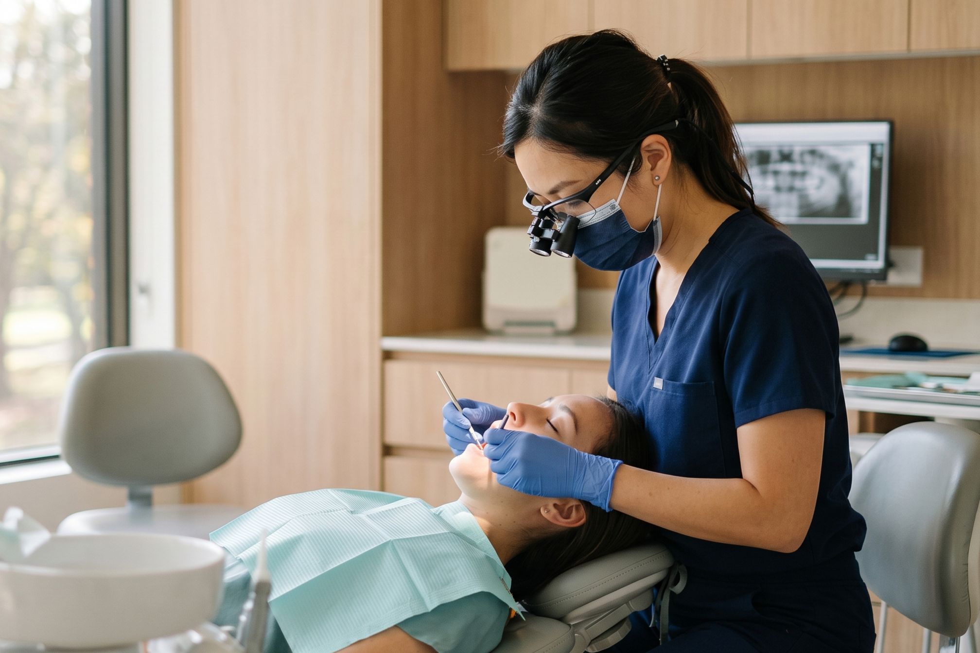 A calm, modern dental operatory bathed in soft natural morning light. A focused dentist in clean scrubs leans in, fully absorbed in precise work on a patient, undistracted and at ease.