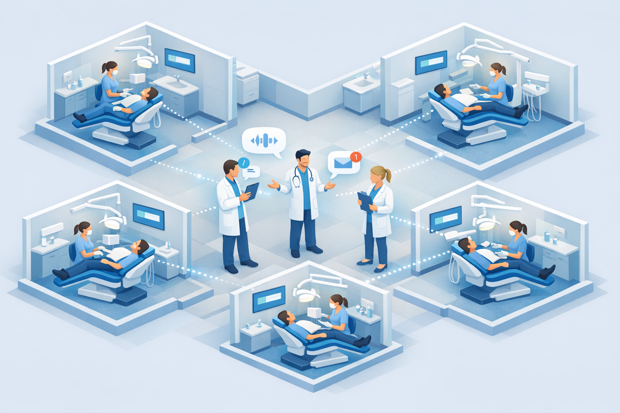 Illustration of a dental office with 5 hygiene rooms running concurrently