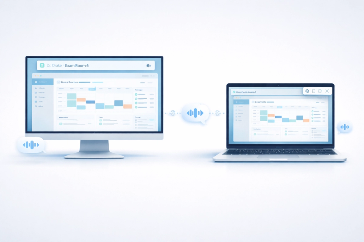 Illustration showing two computer setups side by side: a Windows PC monitor on the left with a slim notification banner at the top of the screen, and a MacBook on the right displaying a macOS notification in the top-right corner.