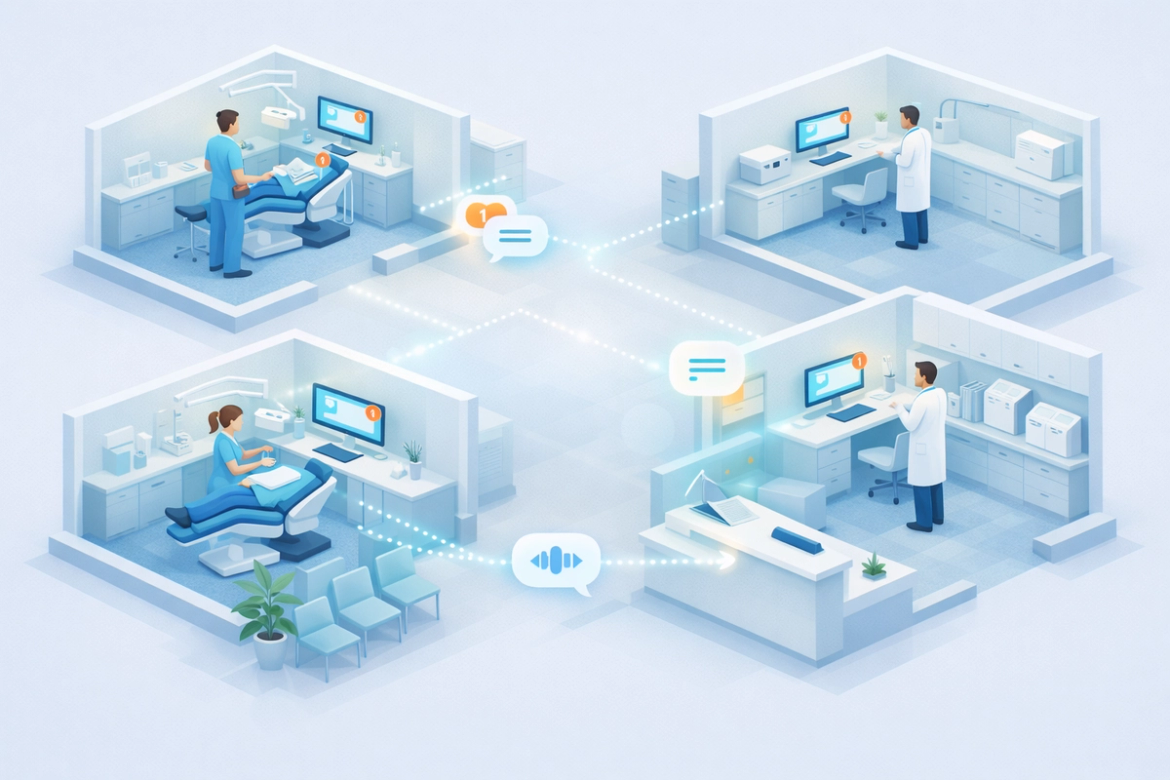 Illustration showing a dental office floor plan from an isometric view.