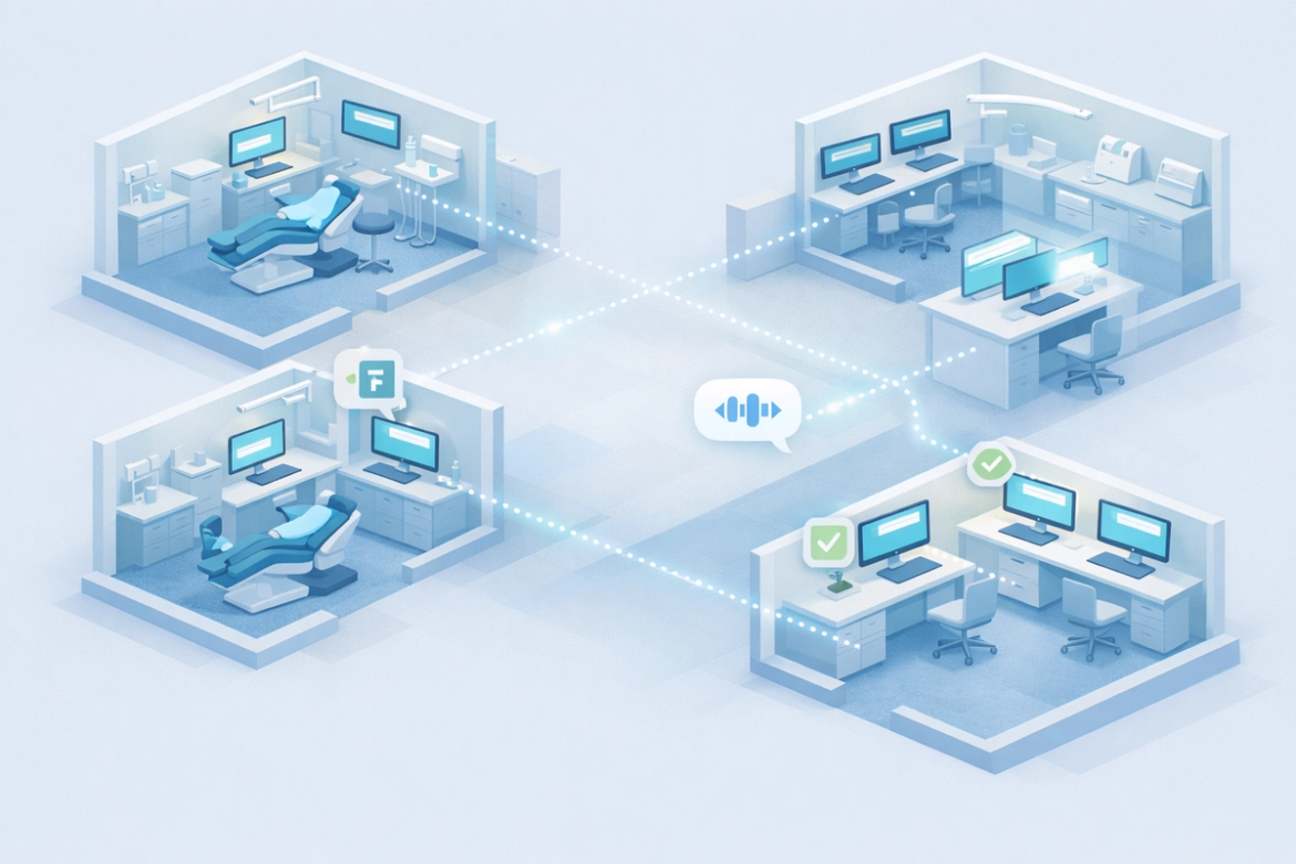 Illustration of a healthcare practice with multiple rooms connected by subtle glowing lines representing instant communication