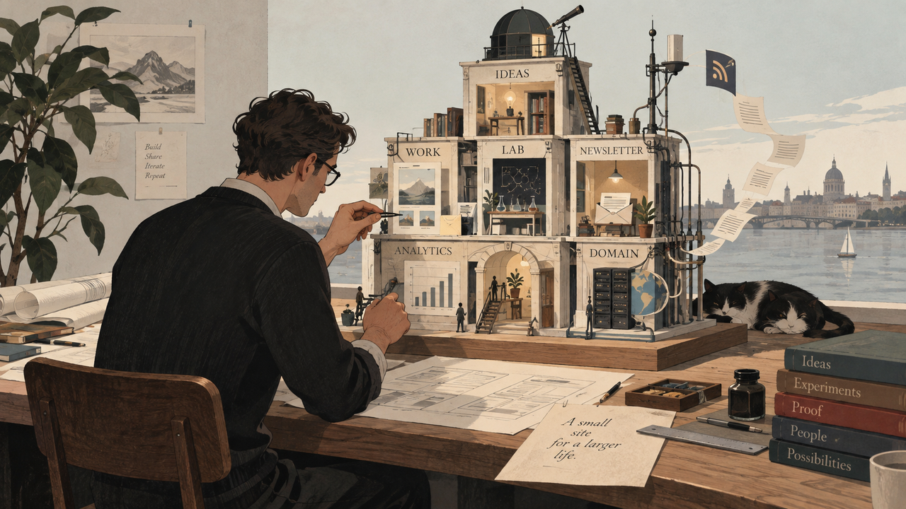 Illustration of a person building a miniature publishing system with sections for Ideas, Work, Lab, Newsletter, Analytics, and Domain.