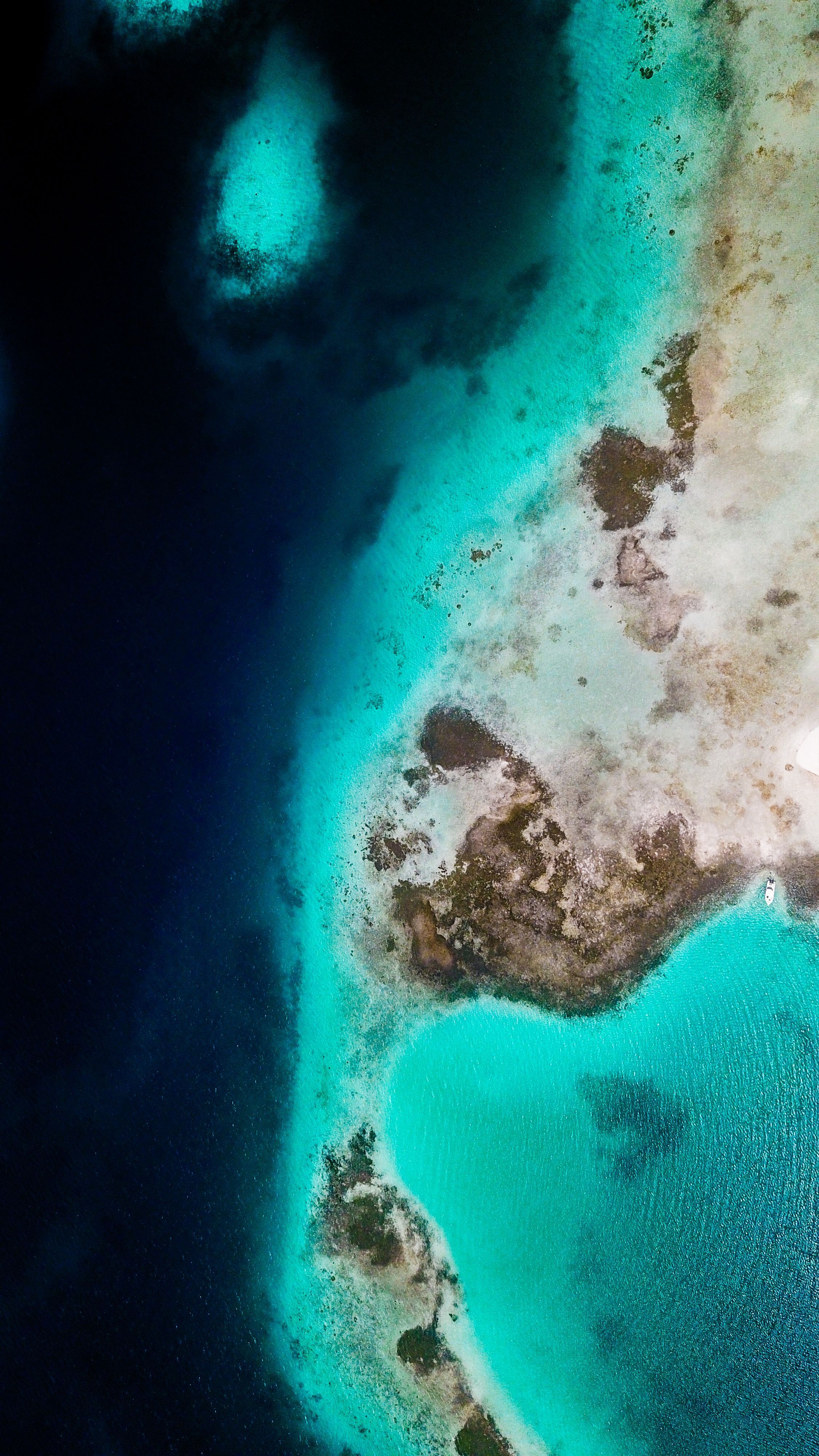 Vista aérea de un arrecife y aguas turquesa junto a mar profundo