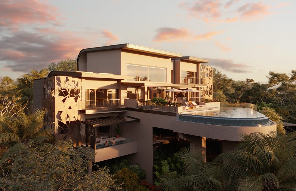 Rendering of the treehouse-style residence above the forest at sunset – W Residence #14, Reserva Conchal, Guanacaste, Costa Rica