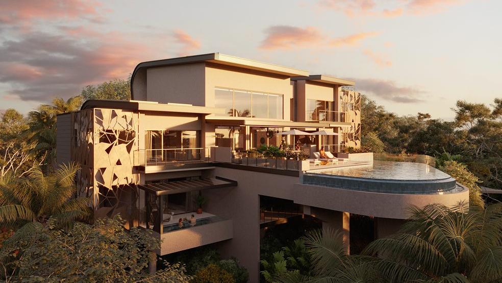 Rendering of the treehouse-style residence above the forest at sunset – W Residence #14, Reserva Conchal, Guanacaste, Costa Rica