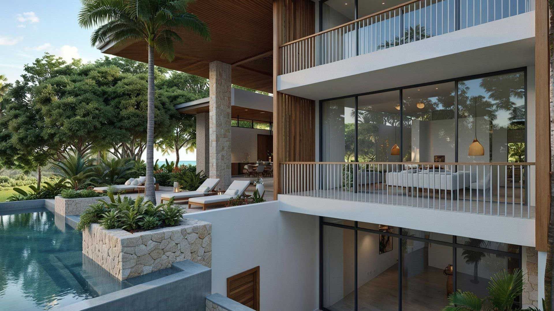 Rendering of the front facade and infinity pool – Villa Akari, Reserva Conchal, Guanacaste, Costa Rica