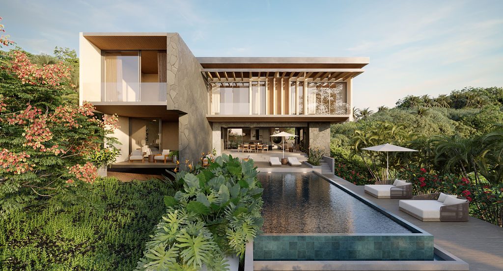 Rendering of the modern home with long pool and gardens – Ceibo #2, Reserva Conchal, Guanacaste, Costa Rica