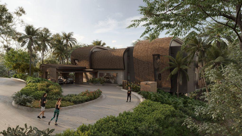 Rendering of the palm-lined arrival court – W Residence #3, Reserva Conchal, Guanacaste, Costa Rica
