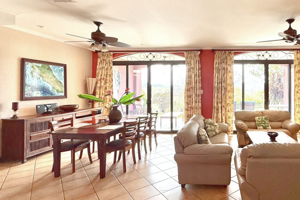 Living and dining area with ceiling fans – Bougainvillea 4101, Reserva Conchal, Guanacaste, Costa Rica