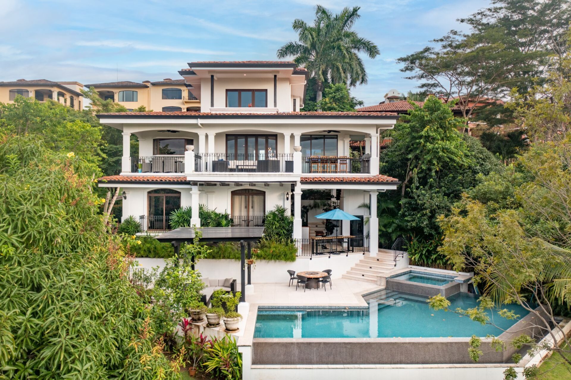 Rear view of the villa, terraces and pool – Villa Melina, Reserva Conchal, Guanacaste, Costa Rica