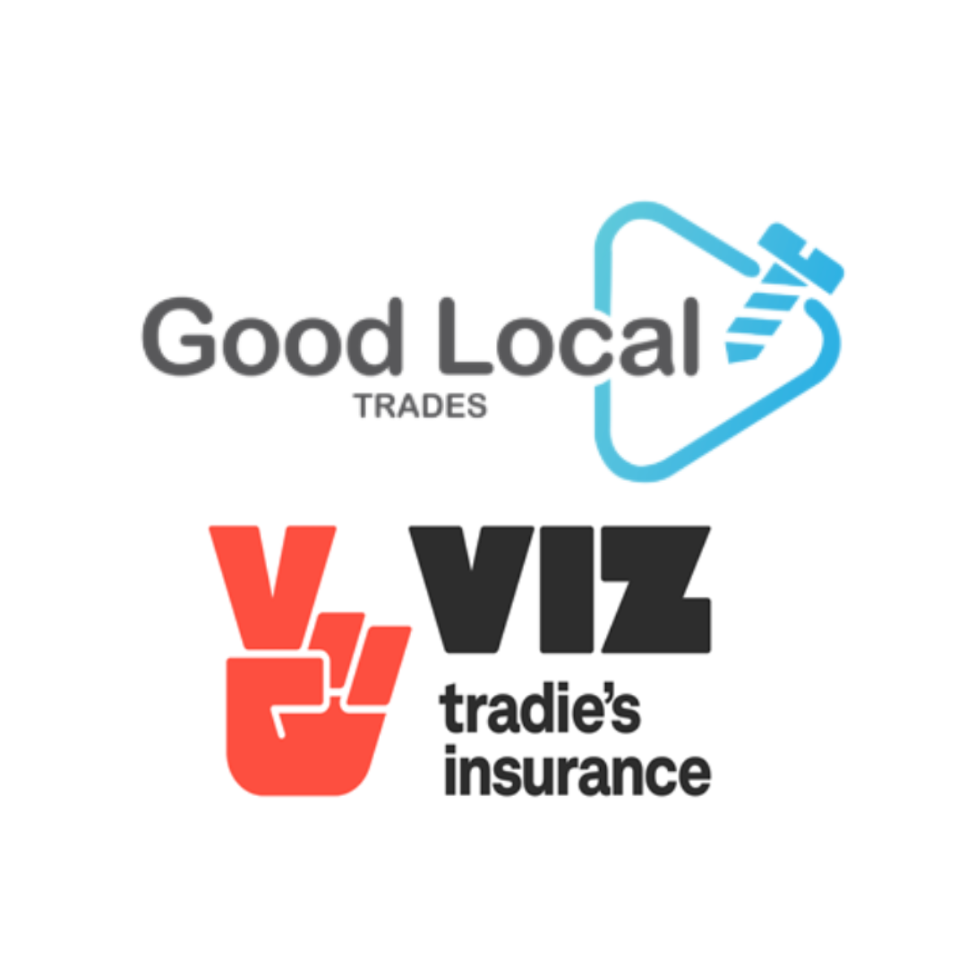 A picture of the VIZ Tradies insurance logo next to the Good Local Trades logo
