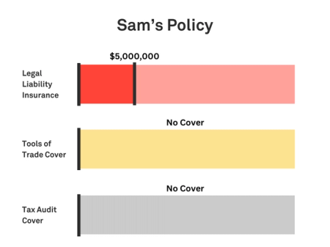 Graphic showing Sam’s policy with $5 million Legal Liability, no tools cover, no Tax Audit cover, and a Monthly Payment of around $34, based in NSW.